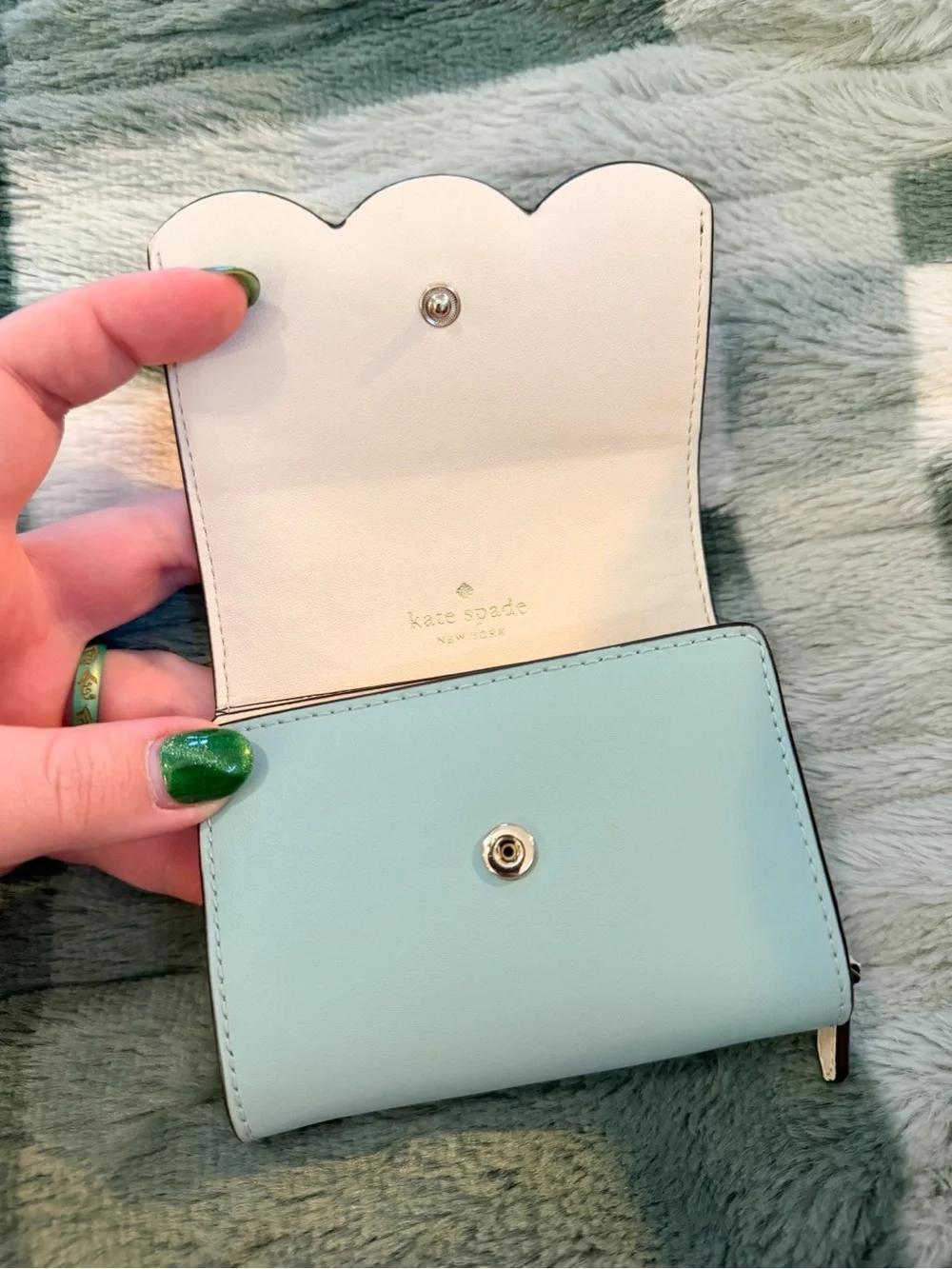 Kate Spade New York Trifold Wallet | Scallop Edge Blue, Green, & Tan | Snap